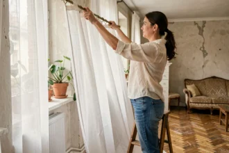 Femme accrochant des rideaux voilage blancs sur une tringle dorée dans un salon vintage au parquet en chevrons