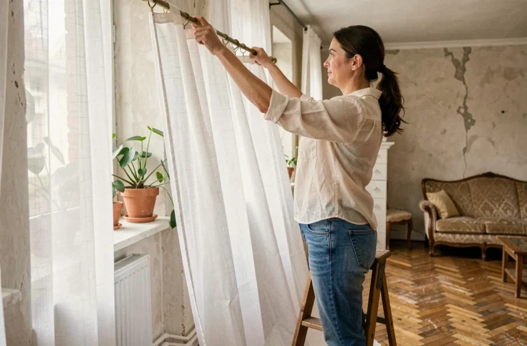 Femme accrochant des rideaux voilage blancs sur une tringle dorée dans un salon vintage au parquet en chevrons