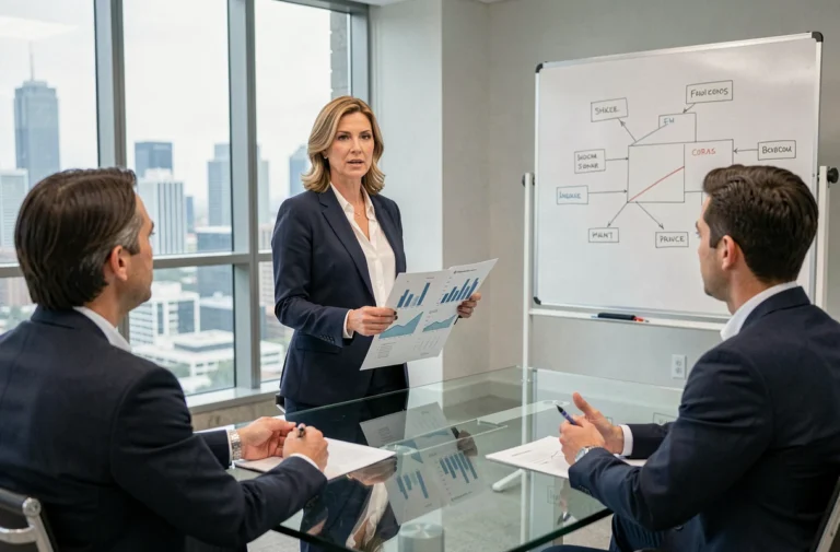 Femme d'affaires présentant un pitch d'investissement à des investisseurs autour d'une table de conférence moderne en verre