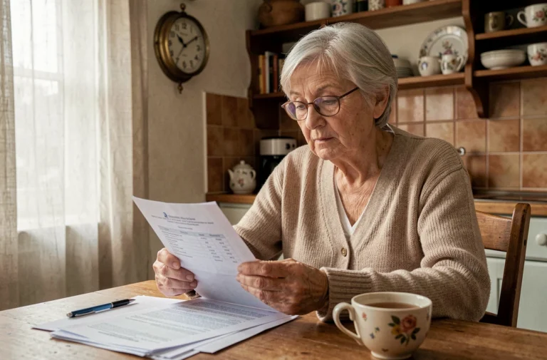 Femme âgée de 72 ans examinant des documents fiscaux relatifs à la taxe foncière dans sa cuisine
