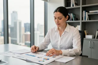 Femme professionnelle analysant des documents financiers dans un bureau moderne avec vue sur la ville