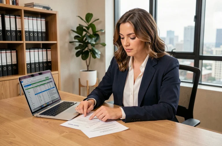 Femme professionnelle analysant des documents de location immobilière dans un bureau moderne pour choisir le meilleur statut juridique