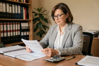Femme consultant des documents fiscaux liés aux revenus fonciers et au régime micro-foncier à son bureau