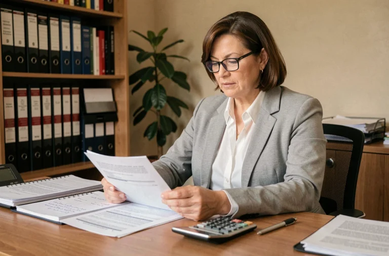 Femme consultant des documents fiscaux liés aux revenus fonciers et au régime micro-foncier à son bureau