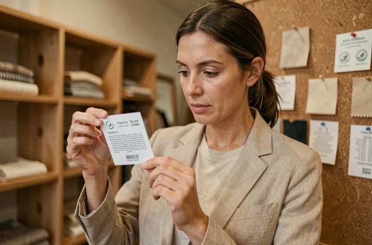 Femme inspectant l'étiquette d'un vêtement en lin dans une boutique de mode durable aux étagères en bois naturel