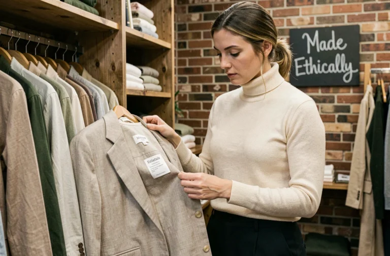 Femme examinant l'étiquette d'une veste en lin dans une boutique de vêtements éthiques