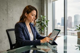 Femme professionnelle analysant des données financières sur une tablette dans un bureau fintech moderne