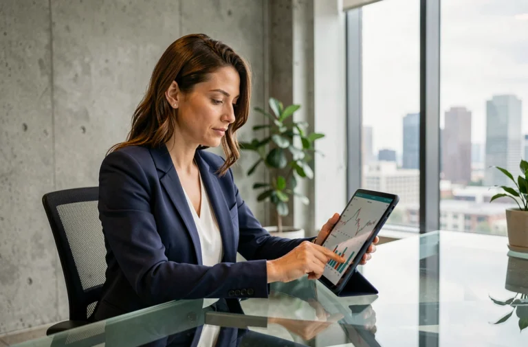 Femme professionnelle analysant des données financières sur une tablette dans un bureau fintech moderne