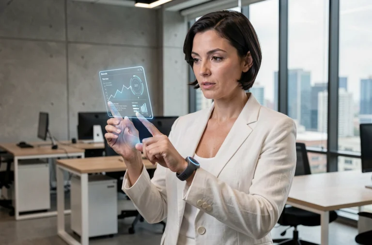 Femme utilisant une interface de réalité augmentée portée au poignet dans un bureau technologique moderne en 2026