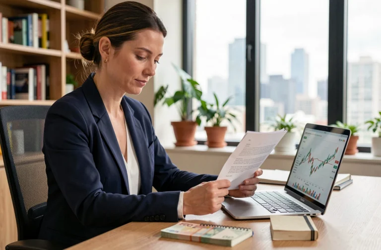Femme analysant des documents financiers et des graphiques d'investissement sur un bureau moderne avec des billets en euros