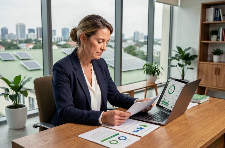 Femme d'affaires analysant un portefeuille d'investissement éthique et durable dans un bureau moderne avec vue sur la ville