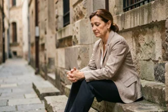Femme mature assise sur des marches en pierre, posture contemplative évoquant la résilience intérieure