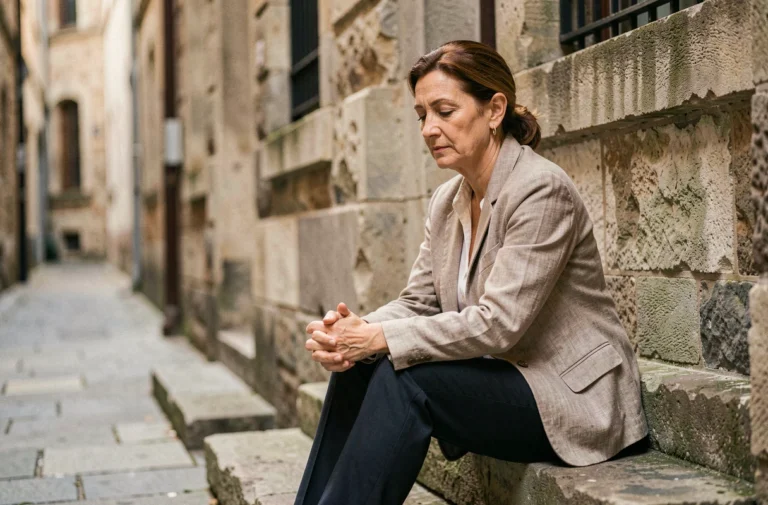 Femme mature assise sur des marches en pierre, posture contemplative évoquant la résilience intérieure