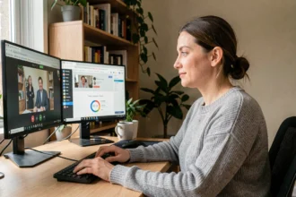 Femme en télétravail sur un bureau à domicile avec double écran affichant un test de débit internet