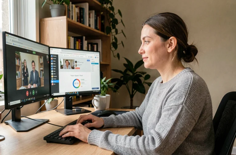 Femme en télétravail sur un bureau à domicile avec double écran affichant un test de débit internet