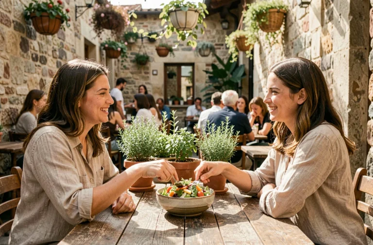Deux femmes partageant un repas à une table de café en terrasse, illustrant le partage et la générosité au quotidien
