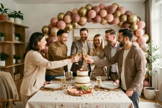 Groupe d'adultes fêtant un anniversaire autour d'une table décorée avec ballons et champagne dans un appartement moderne