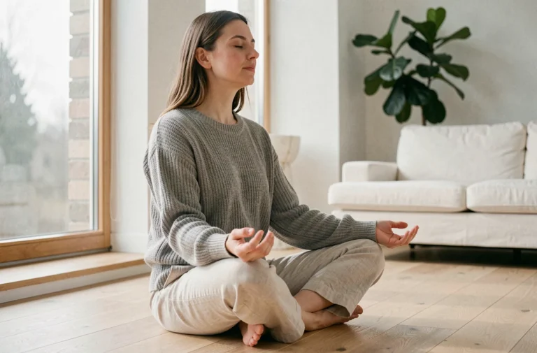 Femme pratiquant la méditation assise sur un parquet en bois dans un salon minimaliste, illustrant la guérison de l'instabilité émotionnelle