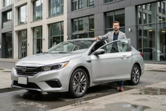 Homme en blazer gris appuyé contre une berline hybride argentée dans une rue urbaine moderne en 2026