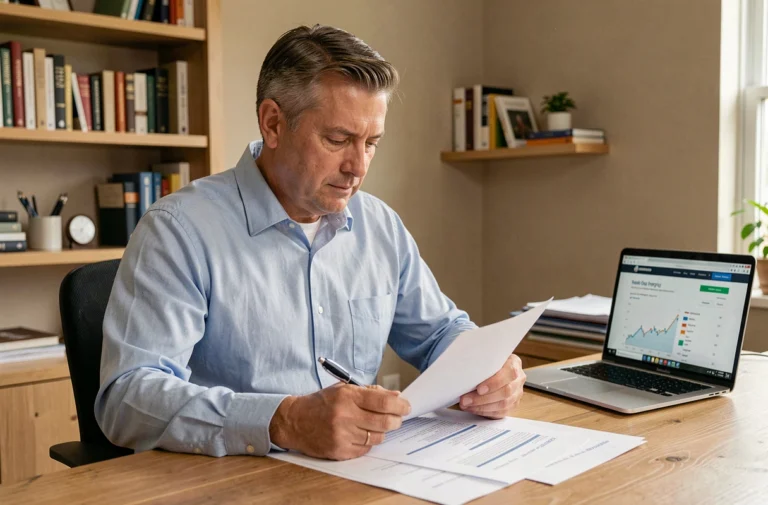 Homme en chemise bleue consultant des documents hypothécaires à son bureau à domicile