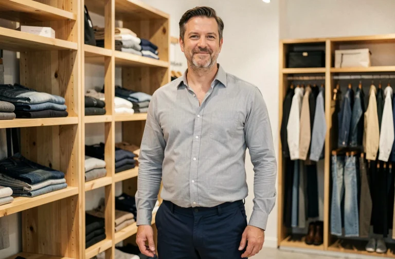 Homme quadragénaire avec du ventre portant une tenue bien ajustée dans une boutique de vêtements