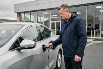 Homme examinant le port de recharge d'une voiture hybride dans un parking de concession automobile