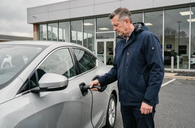 Homme examinant le port de recharge d'une voiture hybride dans un parking de concession automobile