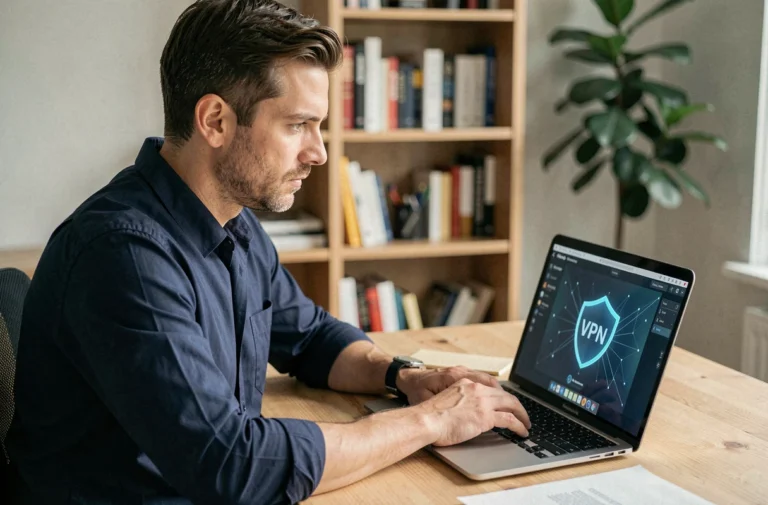 Homme utilisant un VPN sur son ordinateur portable dans un bureau à domicile moderne