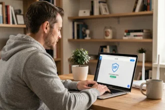 Homme utilisant un VPN sur son ordinateur portable dans un bureau à domicile moderne