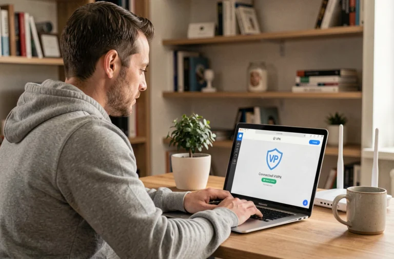 Homme utilisant un VPN sur son ordinateur portable dans un bureau à domicile moderne