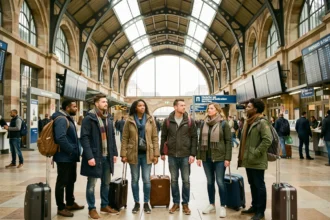 Groupe de migrants adultes de diverses origines ethniques dans une grande gare européenne moderne