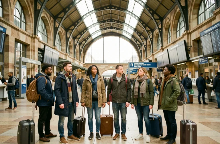 Groupe de migrants adultes de diverses origines ethniques dans une grande gare européenne moderne