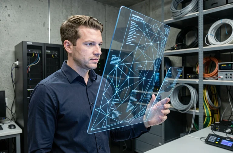 Ingénieur en laboratoire technologique analysant un réseau de données futuriste sur écran transparent, illustrant la prochaine grande révolution technologique