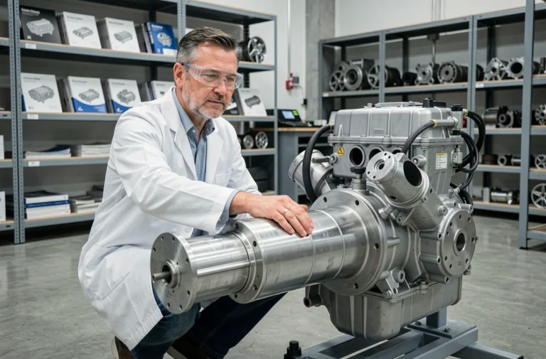 Ingénieur automobile examinant un moteur à hydrogène démonté dans un laboratoire de recherche automobile