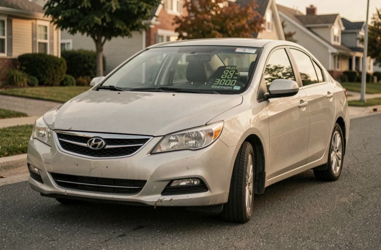Voiture hybride avec un kilométrage élevé visible sur le tableau de bord, garée dans une rue résidentielle calme