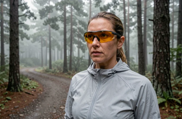 Femme portant des lunettes jaunes de sport sur un sentier forestier brumeux pour améliorer la vision par faible luminosité
