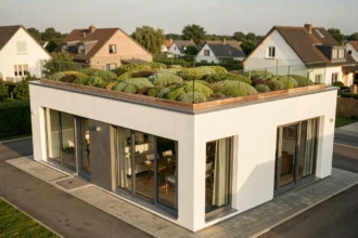 Maison moderne à toit plat avec jardin végétalisé et terrasse en bois dans un quartier résidentiel européen