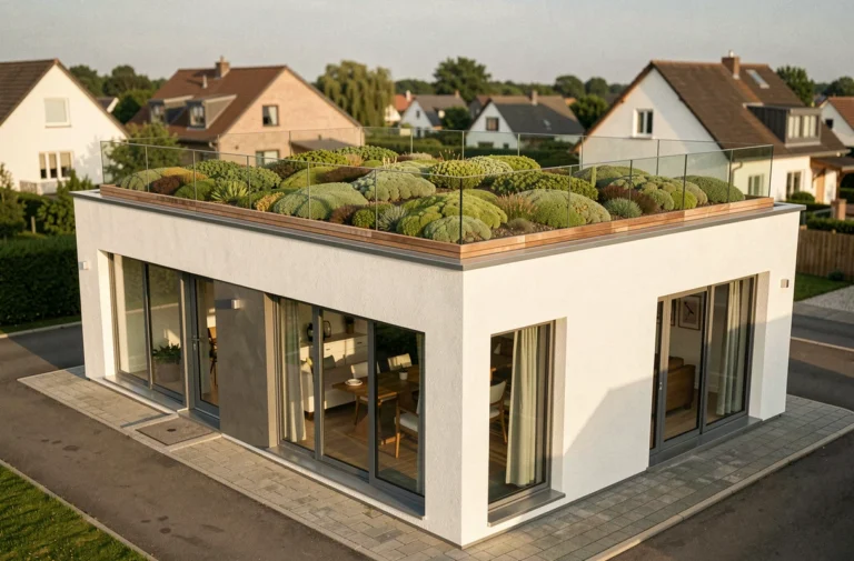 Maison moderne à toit plat avec jardin végétalisé et terrasse en bois dans un quartier résidentiel européen