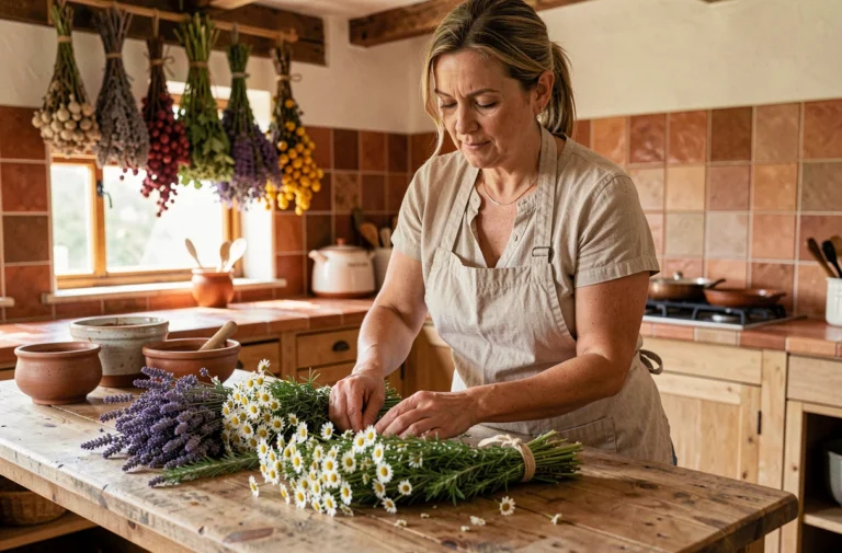 Femme arrangeant des herbes médicinales naturelles comme la lavande, la camomille et le romarin sur une table en bois rustique