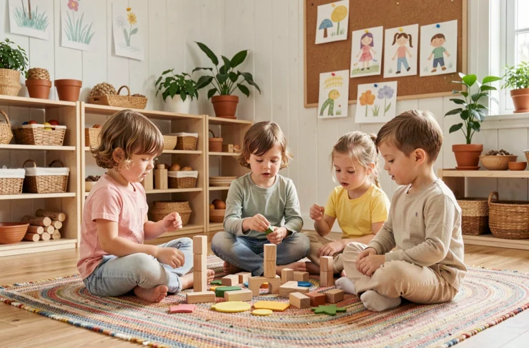 Enfants en maternelle scandinave jouant avec des blocs en bois dans une salle de classe chaleureuse et bien organisée