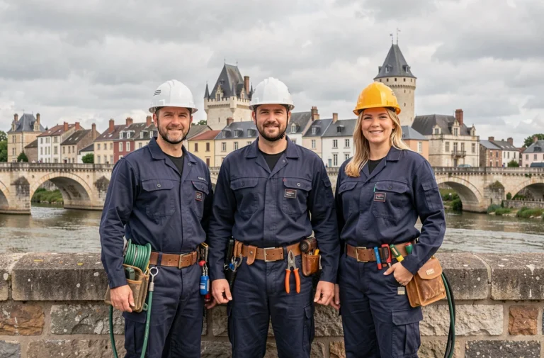 Équipe d'électriciens professionnels en Centre-Val de Loire devant un paysage urbain caractéristique de la région