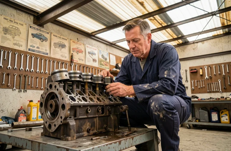 Mécanicien examinant un moteur à combustion interne dans un garage automobile industriel