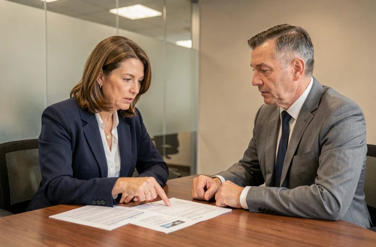 Une femme négocie son taux hypothécaire avec un conseiller bancaire dans un bureau moderne