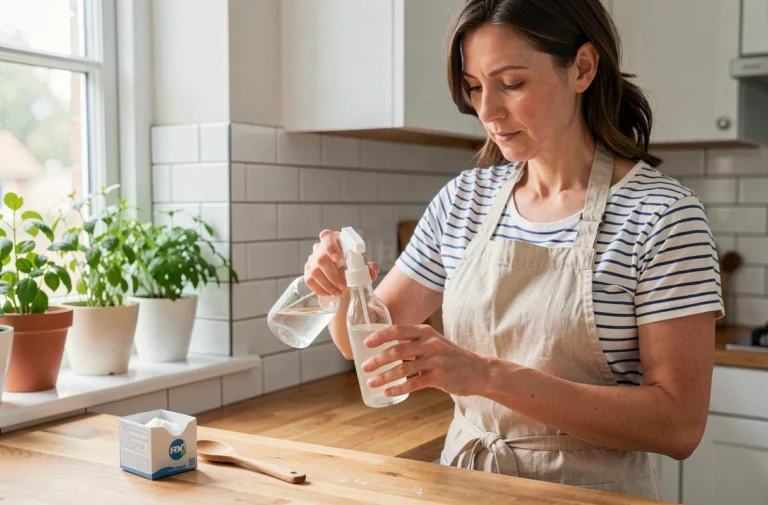Femme préparant un nettoyant maison DIY avec du vinaigre blanc et du bicarbonate de soude dans une cuisine moderne