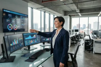 Femme cadre dirigeante analysant des tableaux de bord numériques dans un bureau moderne pour piloter la transformation digitale de son entreprise