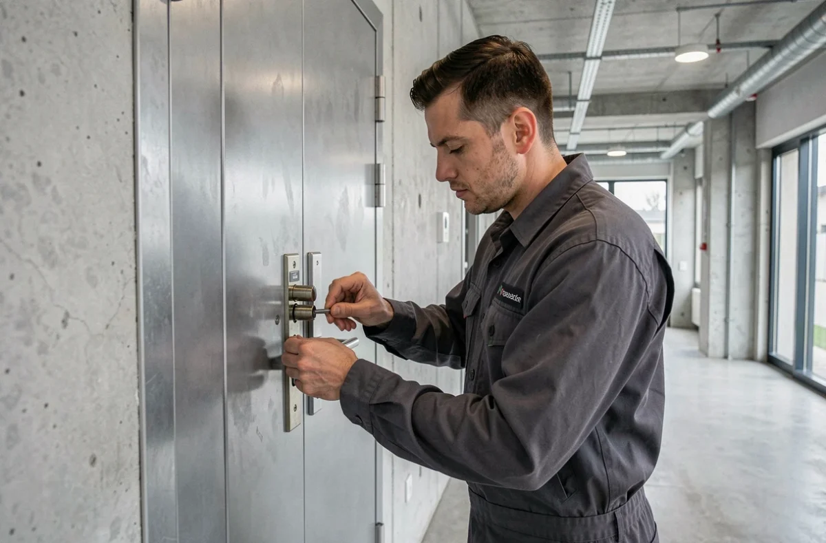 Serrurier Optimlock installant un cylindre haute sécurité sur une porte métallique renforcée dans un local commercial lillois