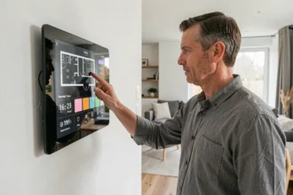 Homme interagissant avec un panneau de commande domotique tactile dans un salon connecté moderne