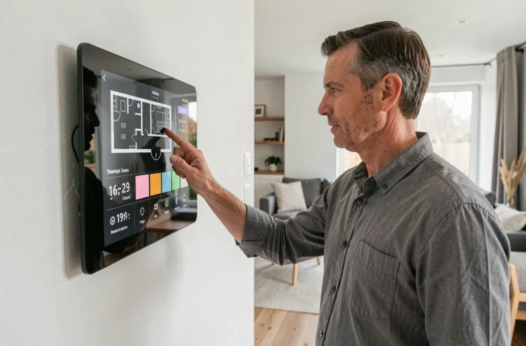 Homme interagissant avec un panneau de commande domotique tactile dans un salon connecté moderne