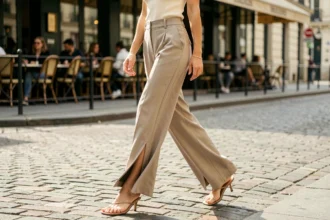 Femme portant un pantalon à ourlet fendu large sur une rue pavée parisienne, style mode 2026