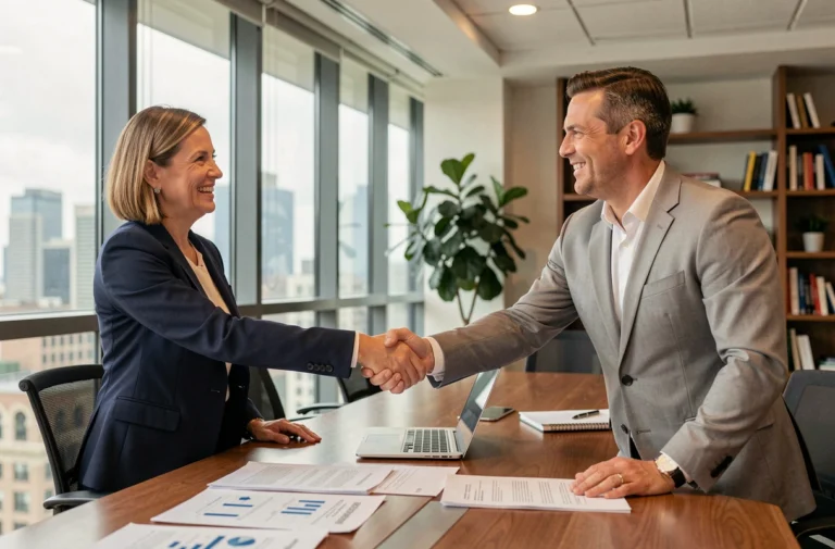 Deux professionnels concluant un partenariat commercial par une poignée de main dans un bureau moderne